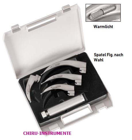 MACINTOSH Laryngoskop Set, 4 Spatel Fig. 0, 1, 2, 3, mittlerer Griff,matt, Warmlicht, mit Koffer