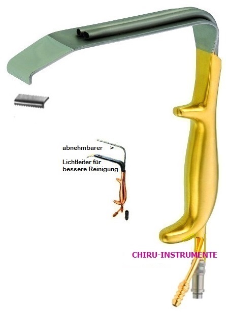 TEBBETS endo retractor, 25 mm x 10 cm, with cold light illumination and irrigation tube, serrated